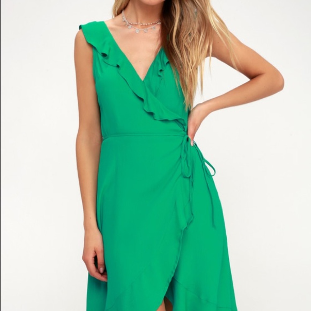Lulu’s Ensenada Green Wrap Ruffle Midi Dress